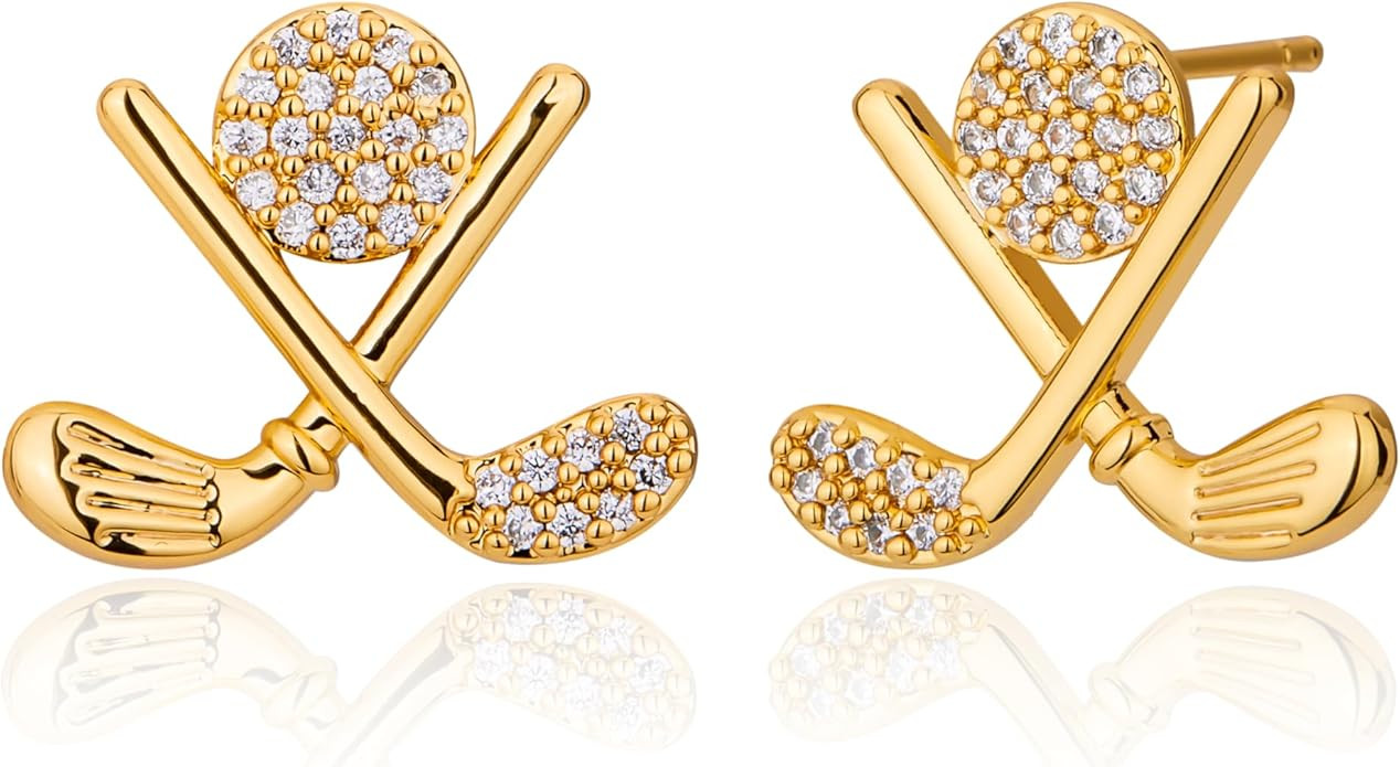 Golf Stud Earrings for Women, Gold Plated Hypoallergenic Flat Back Cubic Zirconia Sports Jewelry,... | Amazon (US)