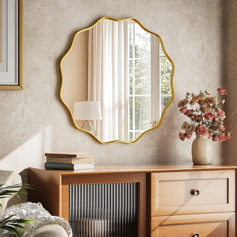 BEAUTYPEAK 24" Wavy Round Bathroom Mirror Wall Decor with Deep Frame, Gold | Walmart (US)