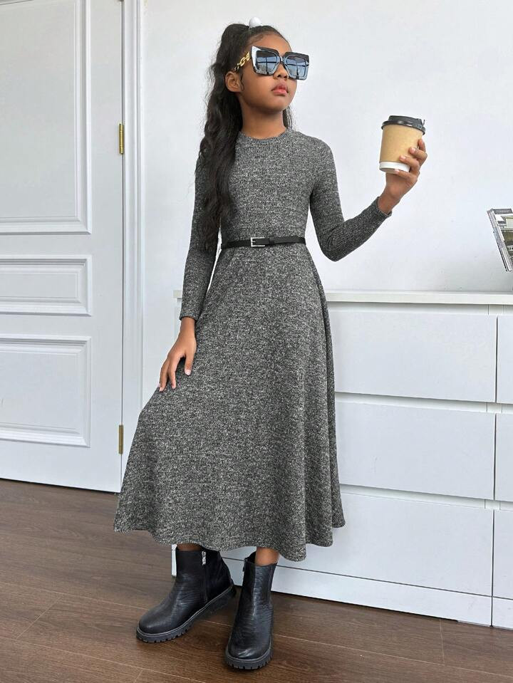 SHEIN Kids Cooltwn Tween Girl Marled Knit A-line Dress Without Belt | SHEIN