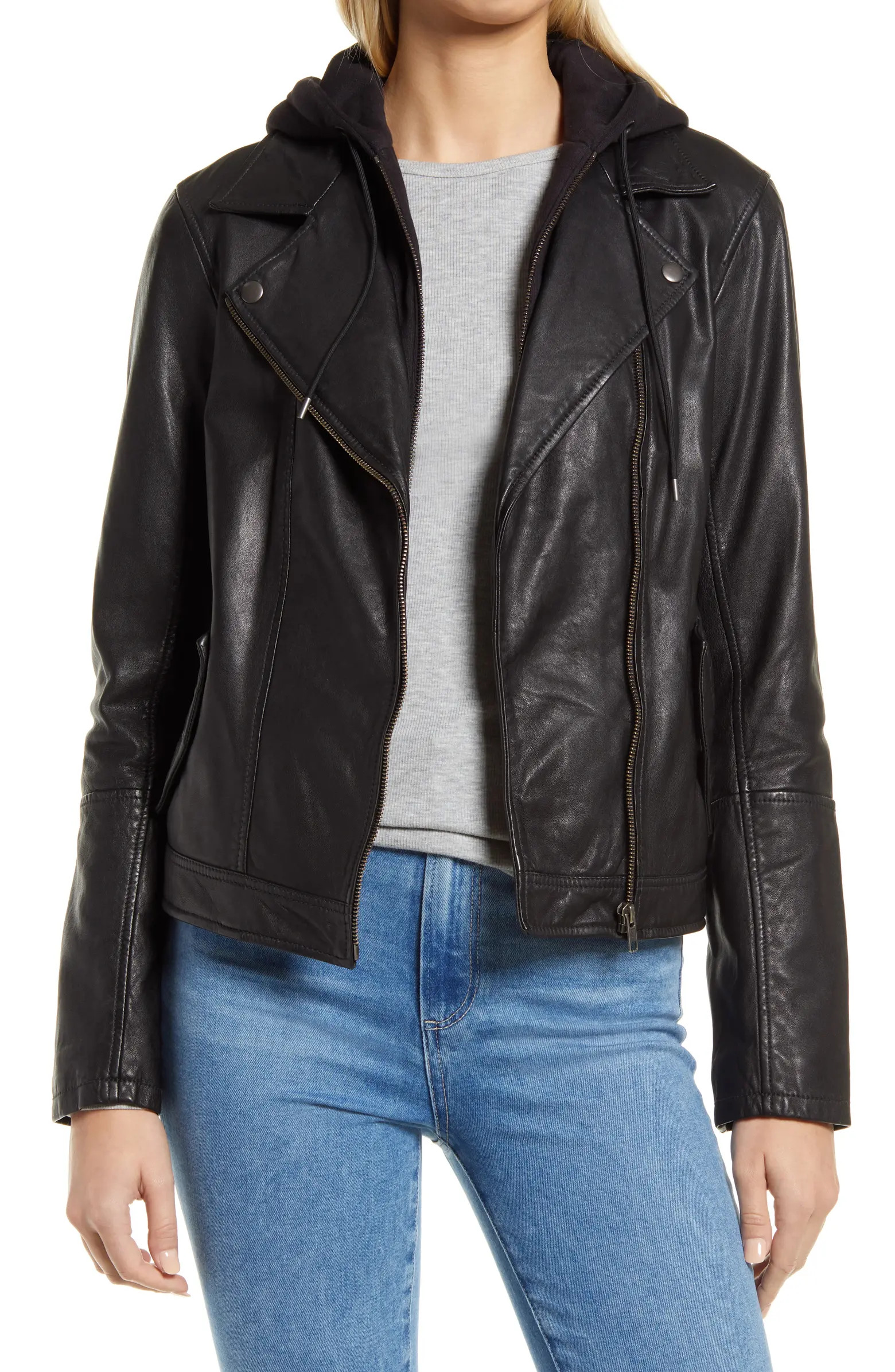 Leather Moto Jacket with Removable Hood | Nordstrom