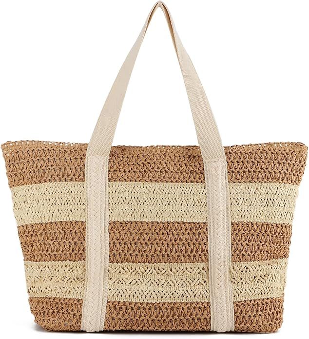 KUANG! Large Straw Beach Bag for women Stripes Woven Straw Tote Bag Summer Handbag Shoulder Bag | Amazon (US)