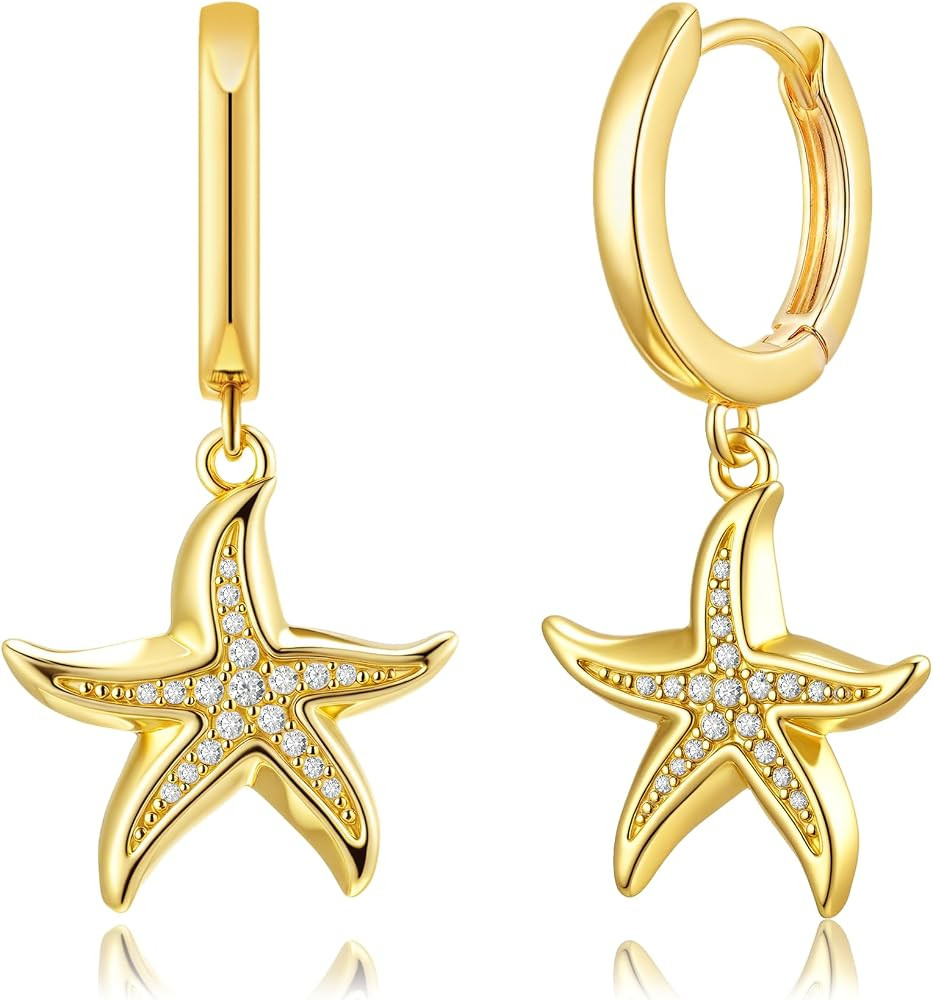 SANNYRA Huggie Earrings for Women - 14K Gold Plated Beach Sea Drop Dangle Earrings - Starfish But... | Amazon (US)