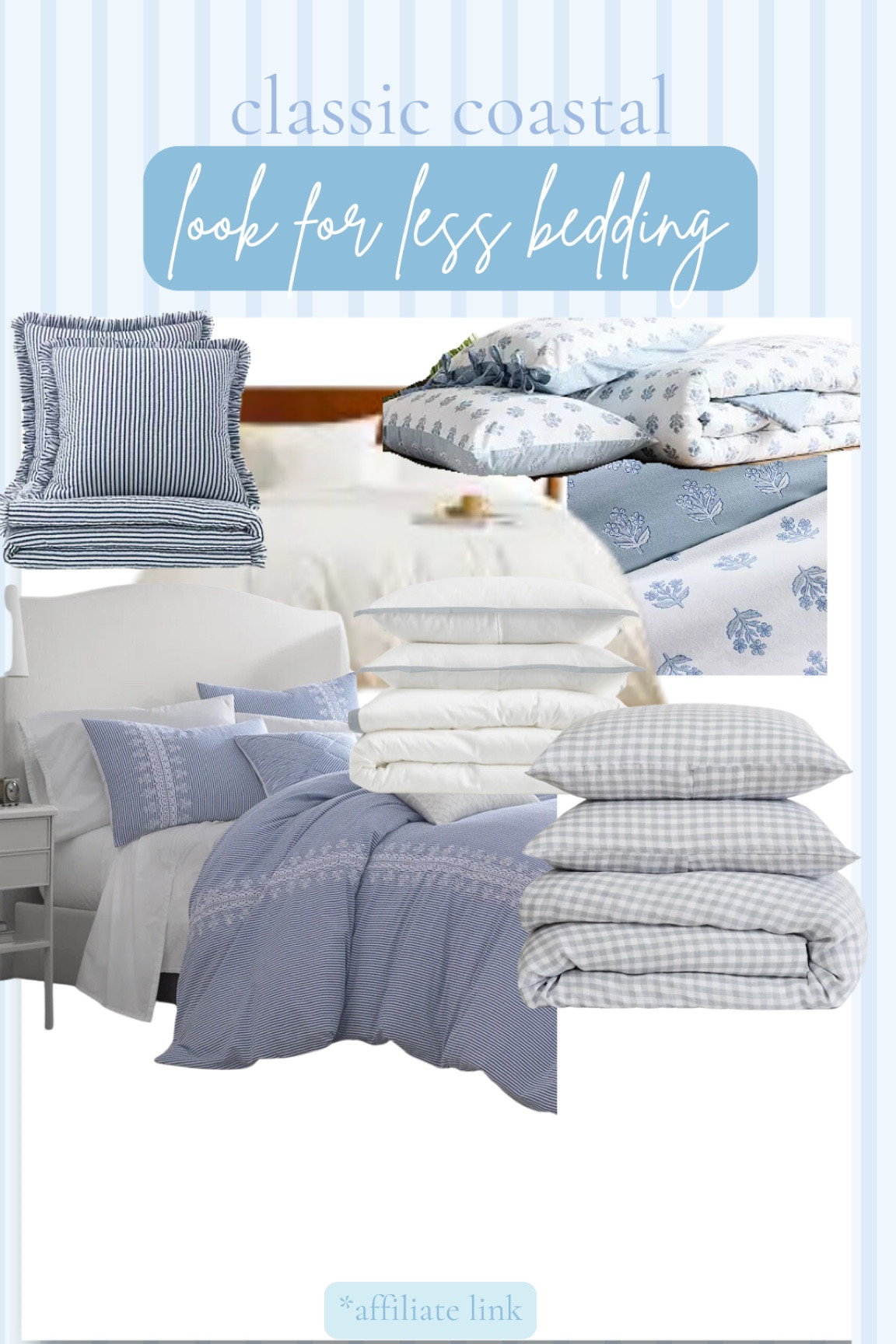 Look for less classic coastal bedding - duvet covers | quilt & shams 

✨✨My favorite look for making a bed is a classic white/light colored duvet cover with a pretty accent quilt folded on the bottom with matching pillow shams.