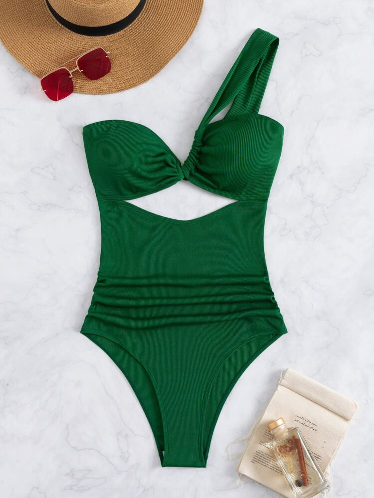 Cut Out One Shoulder Rib-knit Ruched One Piece Swimsuit | SHEIN