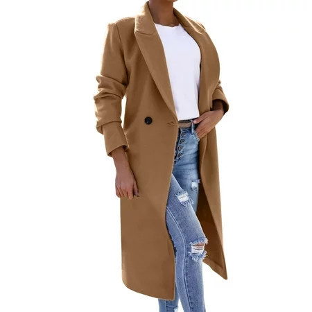 Mnjin Winter Coats for Women Long Length Trench Coat Women Long Sleeves Overcoat Outwear (Khaki Size-L) | Walmart (US)