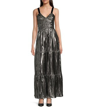 DKNY by Donna Karan Foil V-Neck Sleeveless Tiered Maxi Dress | Dillard's