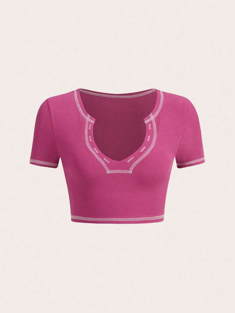 SHEIN ICON Y2k Top-Stitching Notched Neck Crop Tee | SHEIN