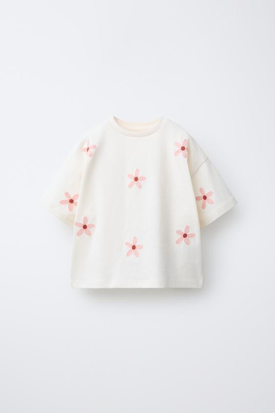 Zara - Embroidered Floral T-Shirt - Coral - 5 Years (43,3 Inches) - Kids | Zara US