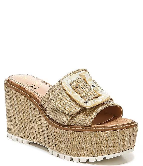 Livi Buckle Detail Raffia Platform Wedges | Dillard's