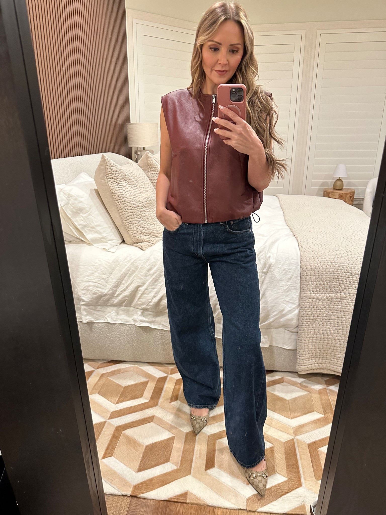 Faux leather vest in my fav burgundy color paired with Agolde jeans and my Gucci canvas sling backs 🤌🏻

#LTKSeasonal #LTKShoeCrush #LTKStyleTip