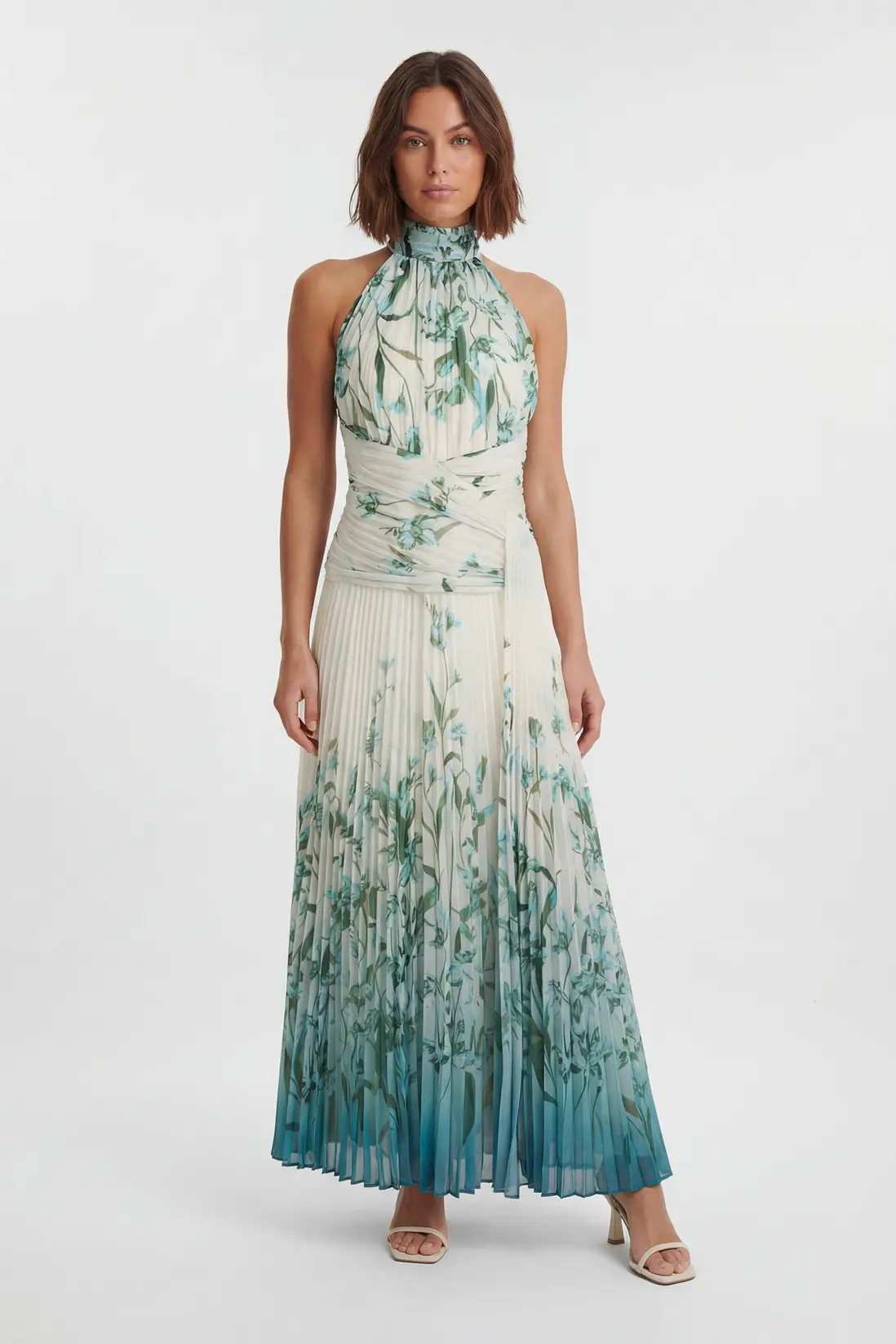 Ombre Floral Crinkle Halter Neck Georgette Draped Woven Maxi Dress | Karen Millen UK + IE + DE + NL