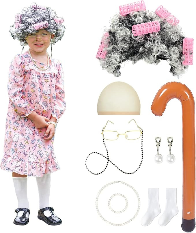 Old Lady Costume for Kids Girls 100th Day of School Costume Halloween Grandma Dress up Cosplay Ac... | Amazon (US)