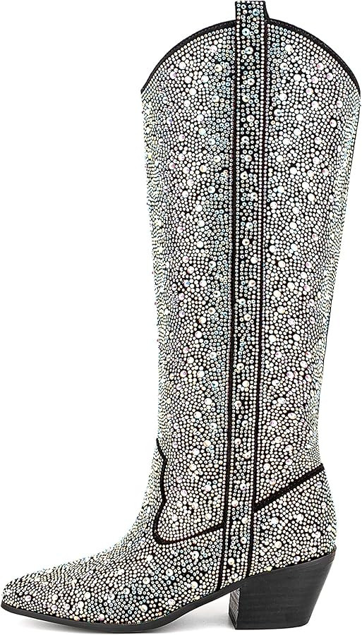 Women's Rhinestone Cowboy Boots Sparkly Knee High Boots Fashion Pointed Toe Block Heel Mid Calf C... | Amazon (US)