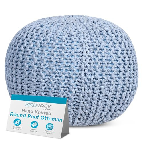 BIRDROCK HOME Round Pouf Ottoman | Cotton Braided Foot Stool with Bean Bag Filling | Boho Foot Rest for Living Room & Bedroom | Compact & Comfortable Seating, Lightweight & Soft | Soft Blue | Amazon (US)