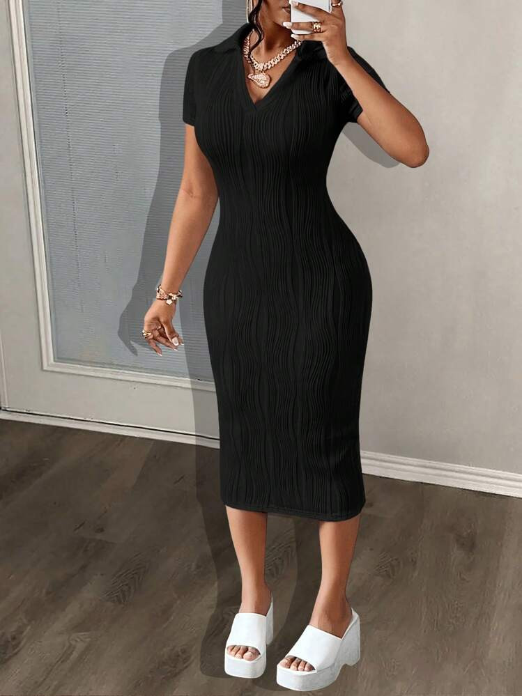 Slaydiva Summer Casual Elegant Simple Basic Model New Lapel V-Neck Short-Sleeved Slim Long Skirt ... | SHEIN