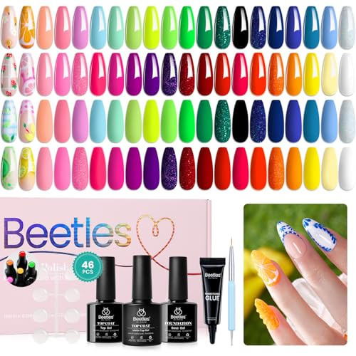 Beetles Gel Nail Polish Set-36 Colors Rainbow Nails Neon Juicy Picnic Party Collection & Rhinestone Gel Nail, 46Pcs Fruit Bubbles Nails Blue Green Pink Color with Top Base Coat Liner Brush | Amazon (US)