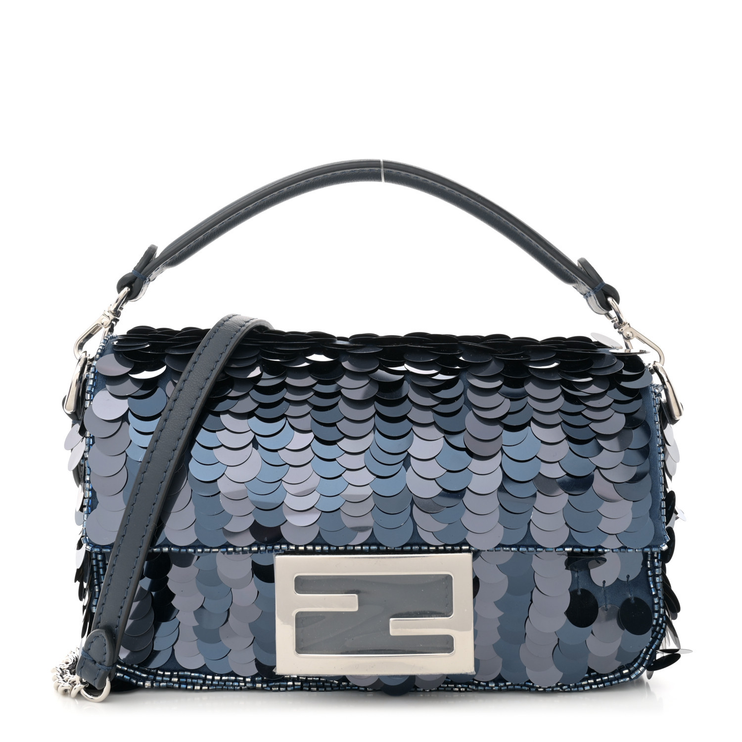 Sequin Paillettes Vitello Grace Striped Mini Baguette Dark Blue Lunai | FASHIONPHILE (US)