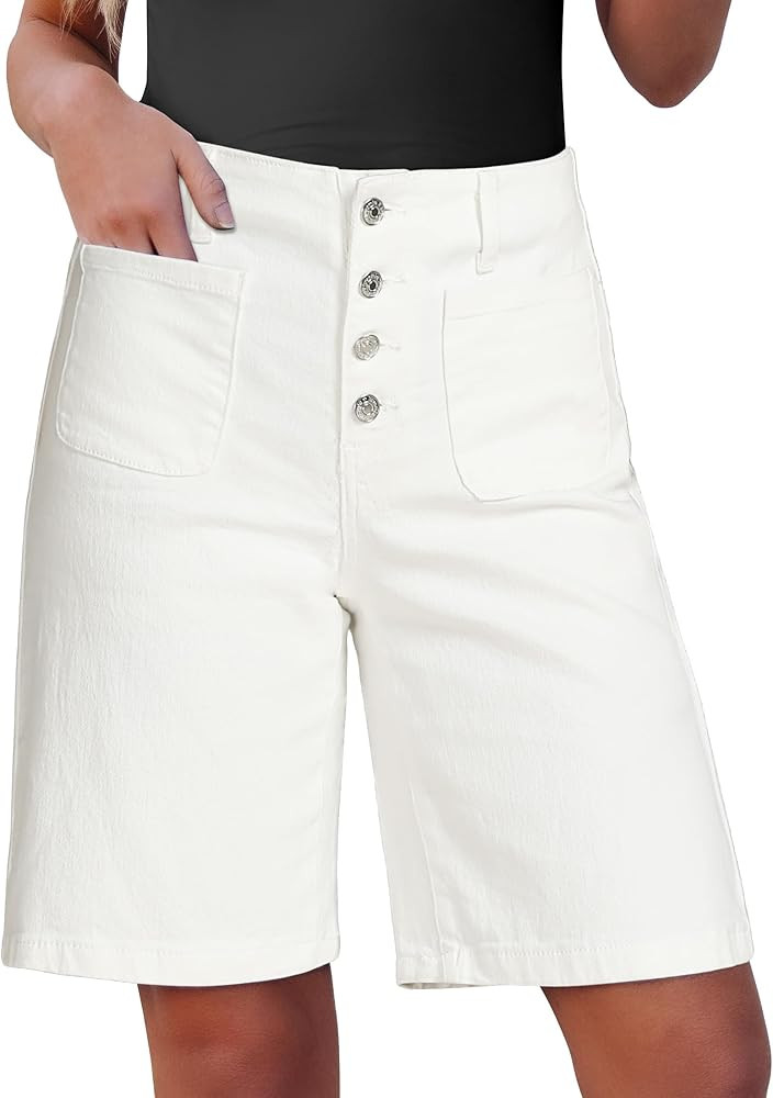 luvamia Bermuda Shorts for Women Jean High Waisted Trendy Patch Pockets Casual Summer Button Fly ... | Amazon (US)