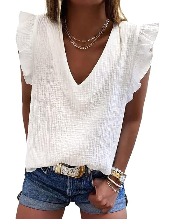 Dokotoo Womens 2024 Cute V Neck Ruffle Sleeveless Shirts Elegant Tank Tops Blouses | Amazon (US)