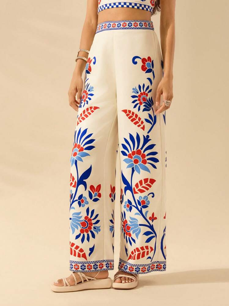 CAJUNI Women's White Boho Floral Print Wide Leg Pants, Summer Bohemian Flower Pants | SHEIN