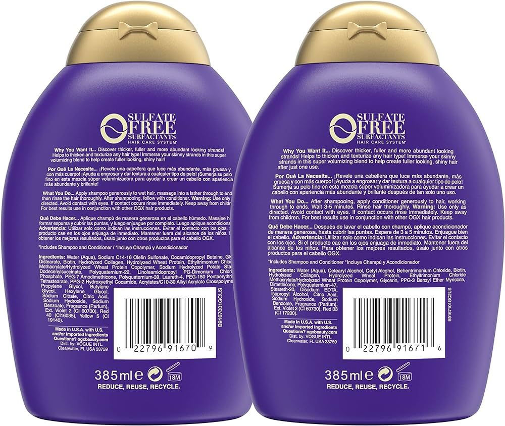 OGX Thick & Full + Biotin & Collagen Shampoo & Conditioner Set, (packaging may vary), Purple, 13 ... | Amazon (US)