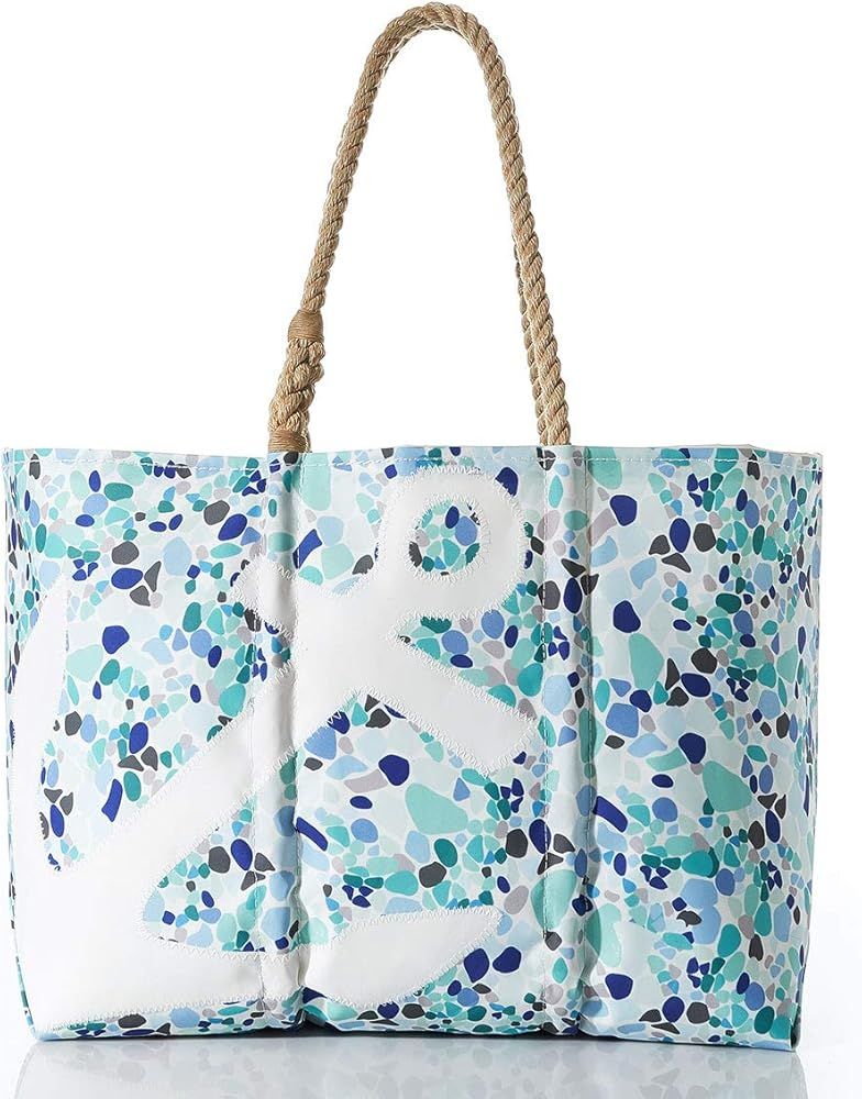 Sea Bags Recycled Sail Cloth White Anchor on Sea Glass Print Large Tote Bag Beach Bag Tote, Large Travel Bag, Tote Bag for Work Rope Handles | Amazon (US)