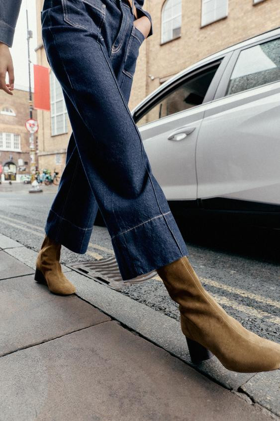 SPLIT LEATHER WIDE HEELED ANKLE BOOTS | Zara US