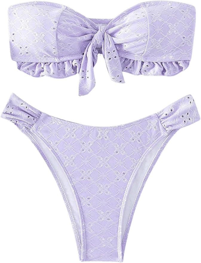 WDIRARA Women's Ruffle Knot Front Bandeau Bikini Set 2 Piece Strapless Swimsuit | Amazon (US)