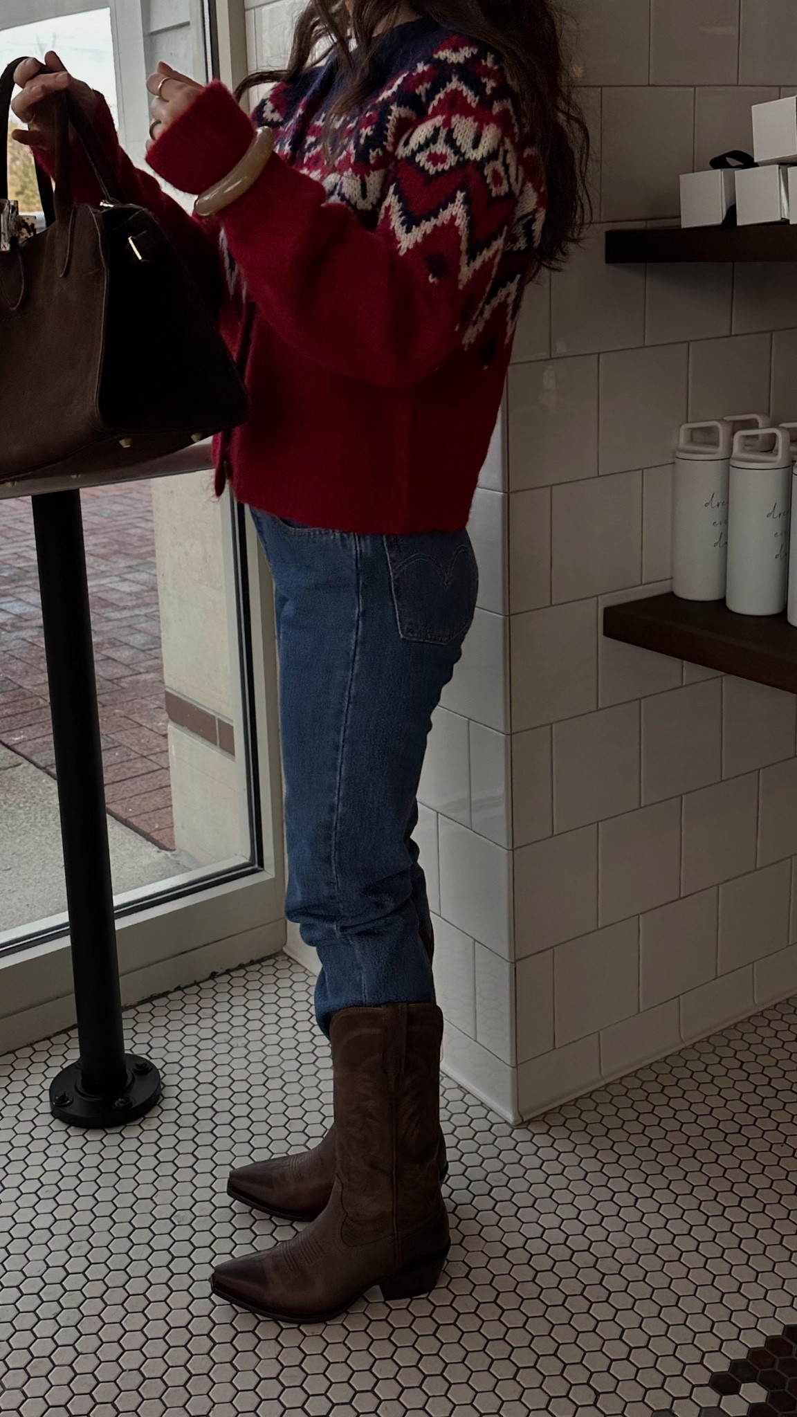 BOOTS size down .5
FAIR ISLE xs 
JEANS  24/28 