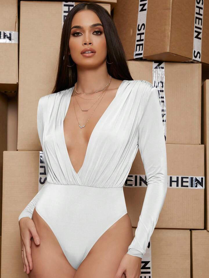 SHEIN BAE Plunging Neck Ruched Bodysuit | SHEIN