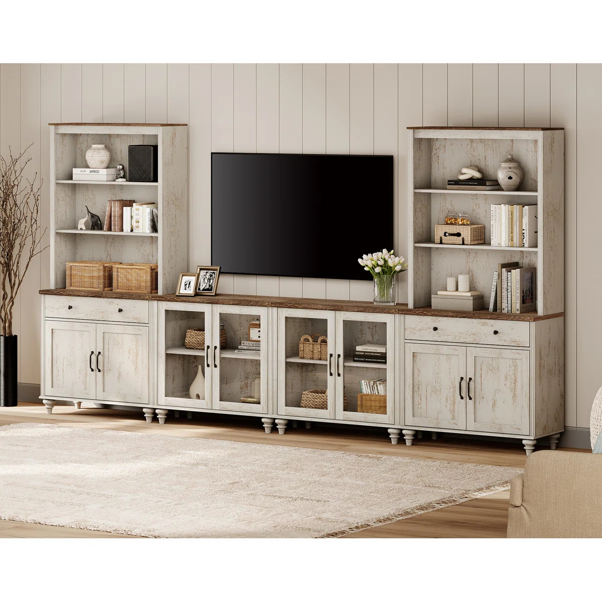 Scarlett 135.4" W Solid and Manufactured Wood Entertainment Center | Wayfair North America