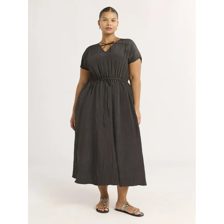 Scoop Women’s Plus V-Neck Crinkle Midi Dress, Sizes 1X-4X | Walmart (US)