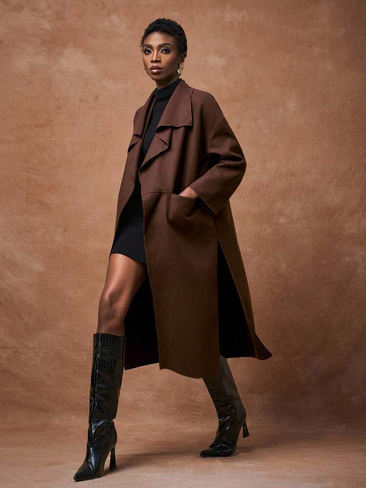 Zivah 2025 Autumn/Winter New Wool Blend Trench Coat, Casual Long Sleeve Lapel Collar Pocket Outwear, Suitable For Music Festival, Graduation, Student, Daily Wear, Commute, Beach, Sunbathing, Streetwear | SHEIN