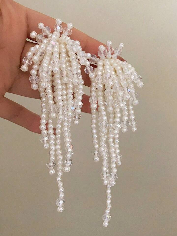 1 paire de boucles d'oreilles exagérées à la main avec perles, cristaux et franges, adaptées ... | SHEIN