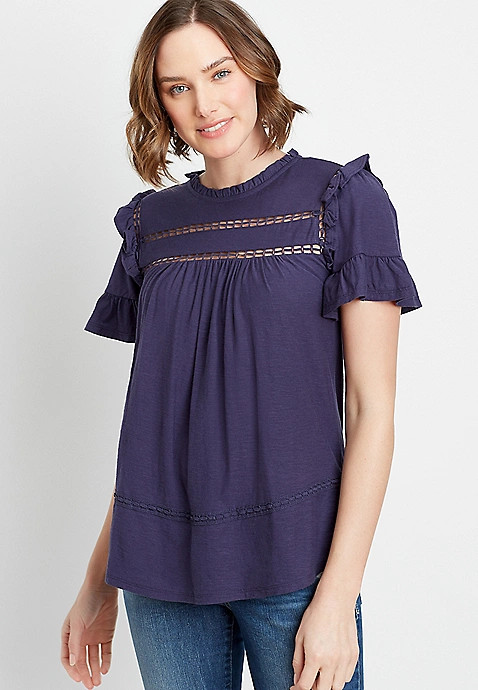 Navy Crochet Ruffle Sleeve Top | Maurices