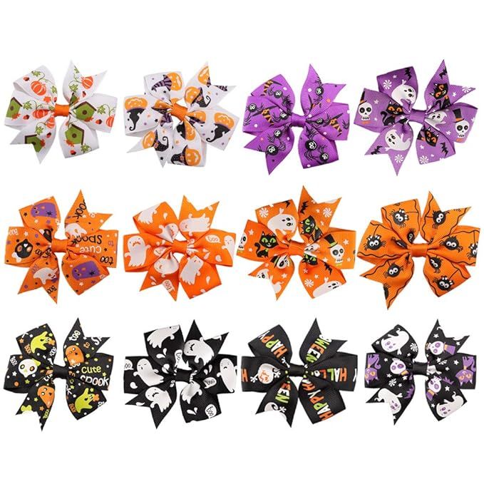 Rocutus 12pcs/set Halloween's Day Bow Knot Hair Pins Boutique clips Grosgrain Ribbon Halloween Ha... | Amazon (US)