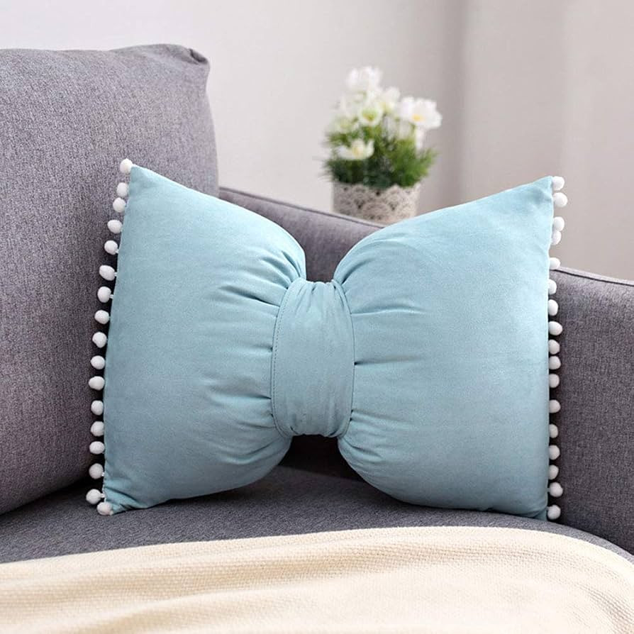 Velvet Throw Pillow Pompoms Decorative Solid Color Cute Bowknit Small Lumbar Cushion with Insert ... | Amazon (US)