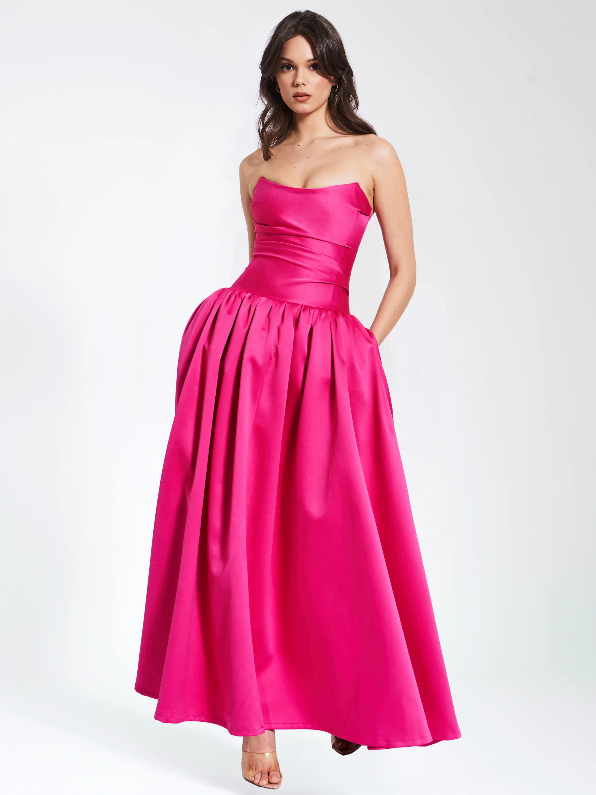 Walterina Fuchsia Satin Strapless Drop Waist Corset Gown | Miss Circle