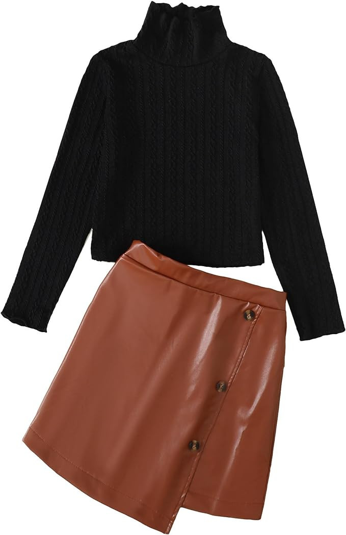 YOURUIKEY Girls Pleated Skirt Set Fall Winter 2 Piece Outfit Lattice Dresses Long Sleeve Top Cute... | Amazon (US)