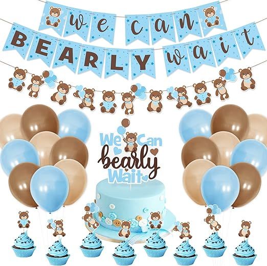 Teddy Bear Baby Shower Decorations We Can Bearly Wait Banner Bear Cake Topper Cupcake Toppers Blu... | Amazon (US)