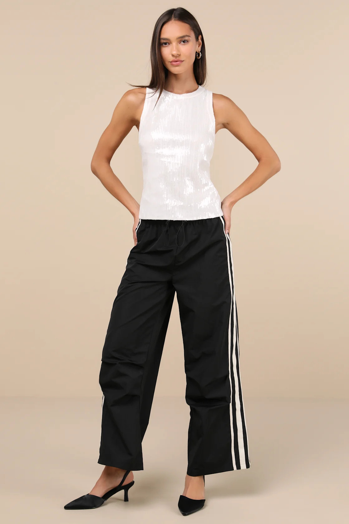 Sporty Sweetie Black Nylon Drawstring Wide-Leg Athletic Pants | Lulus