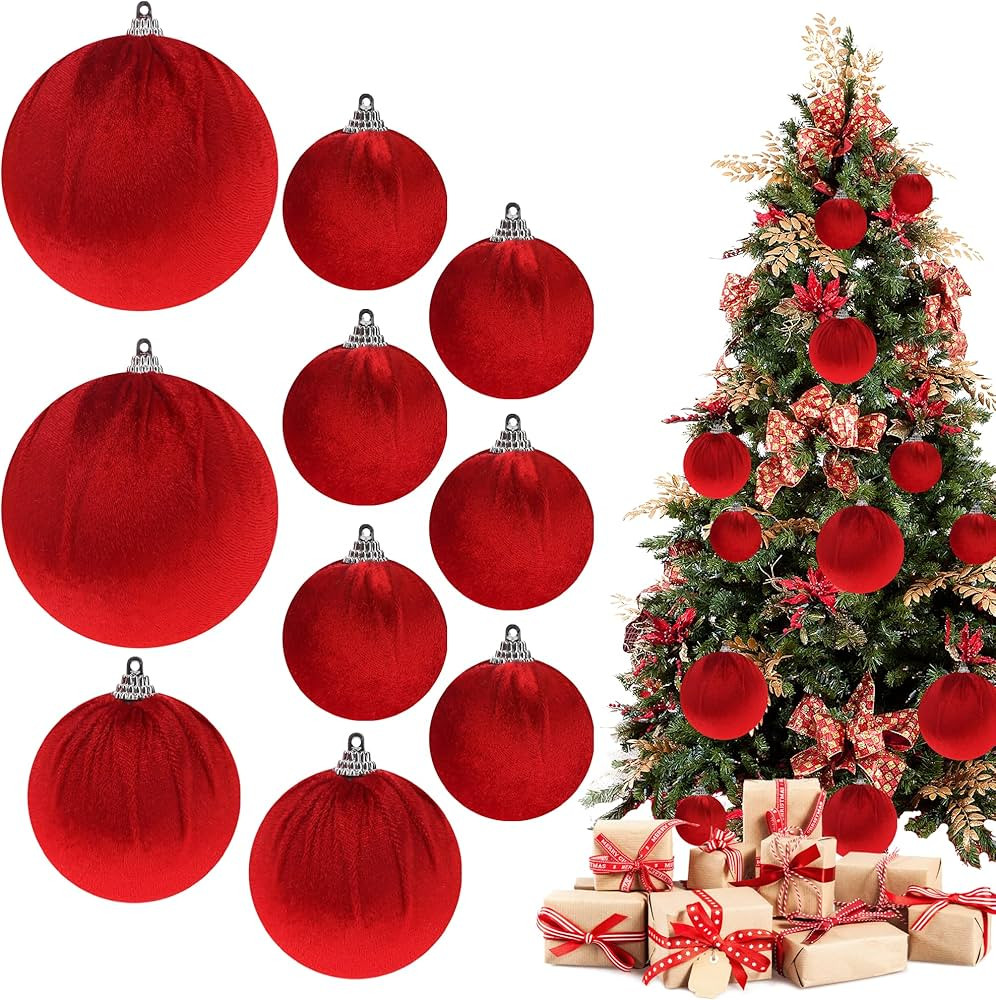 Funzhan 10pcs Red Velvet Christmas Ornament Balls Handmade Flocked Shatterproof Bauble for Xmas T... | Amazon (CA)