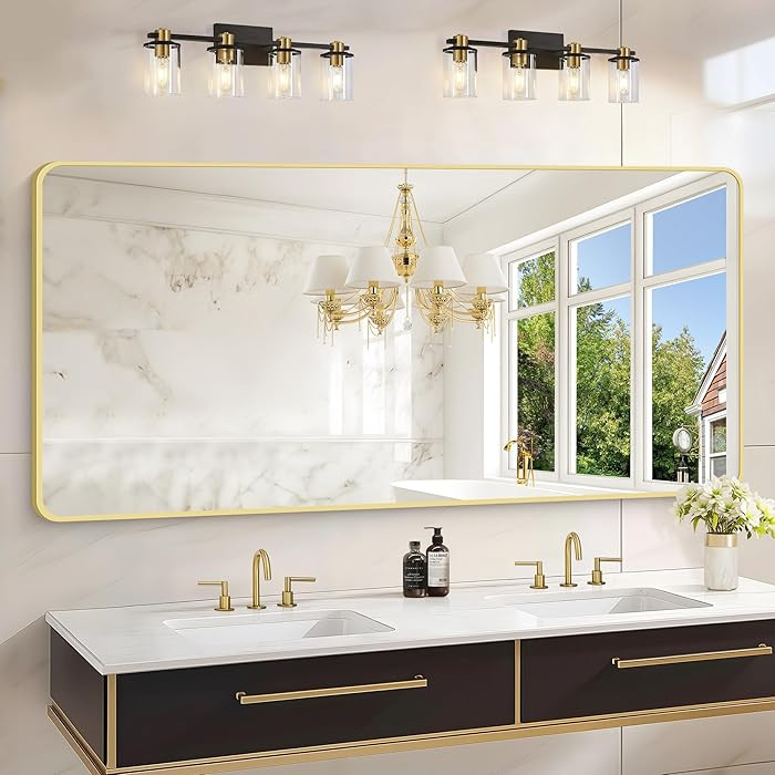 30"x60" Gold Bathroom Mirror, Large Rectangle Mirror, Rectangular Wall Mirror, Rounded Corner Van... | Amazon (US)