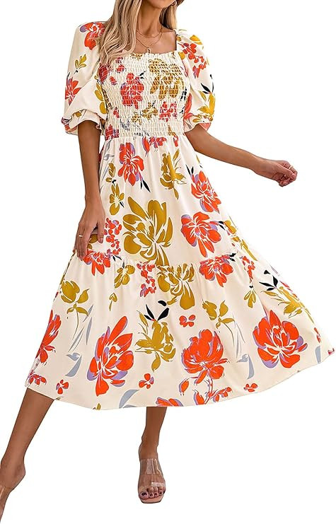 PRETTYGARDEN Women's Summer Casual Dresses 2026 Spring Puff Sleeve Square Neck A Line Flowy Boho ... | Amazon (US)