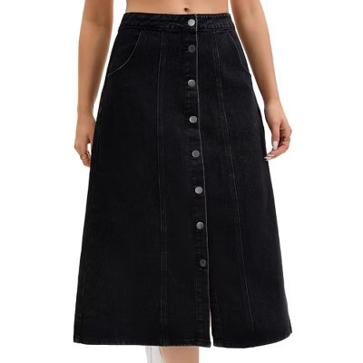 INSPIRE CHIC Women's Denim Button Down Front Slit High Waisted Pockets A Line Midi Skirts Black X-Large | Target