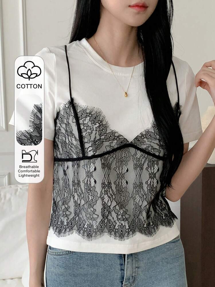 DAZY Color Block Contrast Lace 2 In 1 Tee Going Out Tops | SHEIN