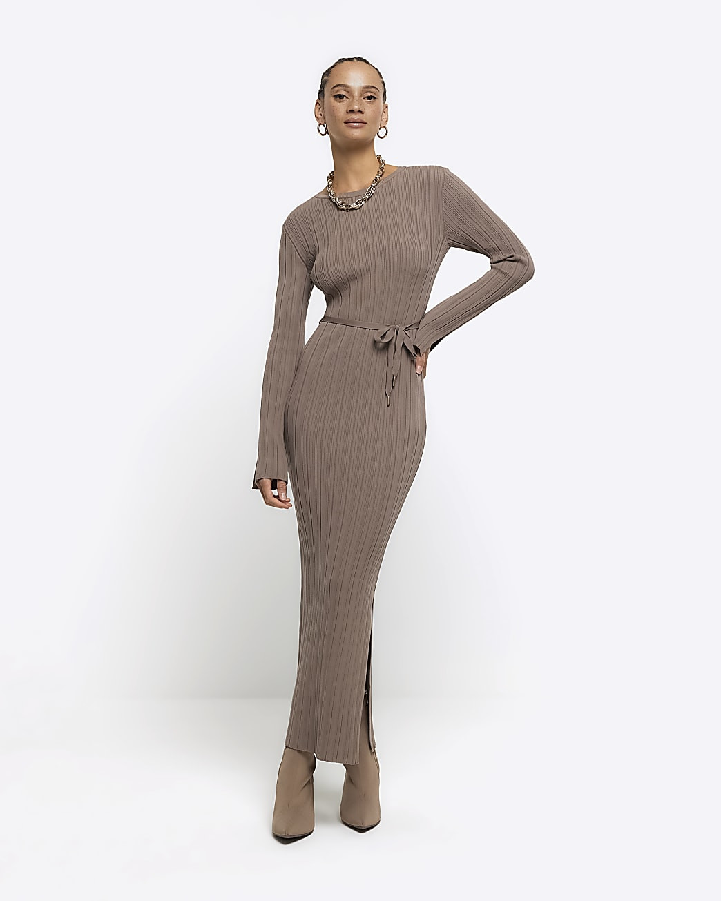 Beige rib tie waist jumper maxi dress | River Island (UK & IE)