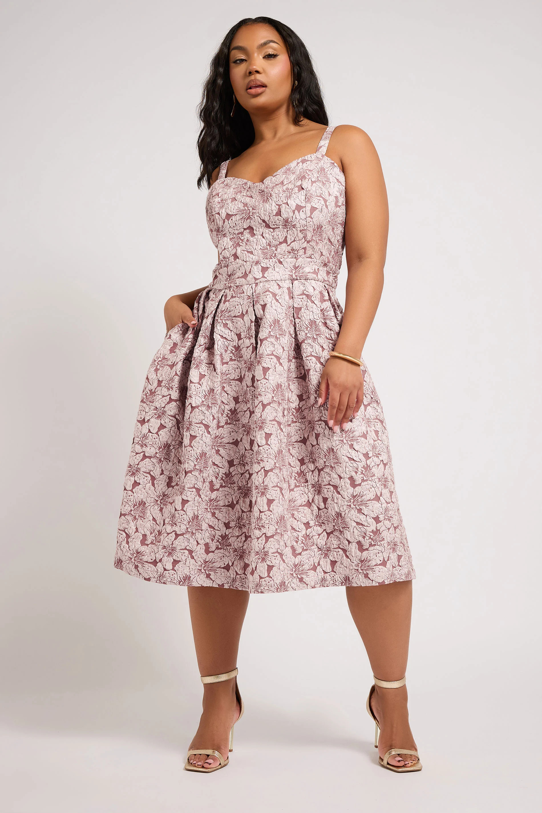 YOURS LONDON Plus Size Pink Floral Jacquard Sweetheart Prom Dress | Yours Clothing UK