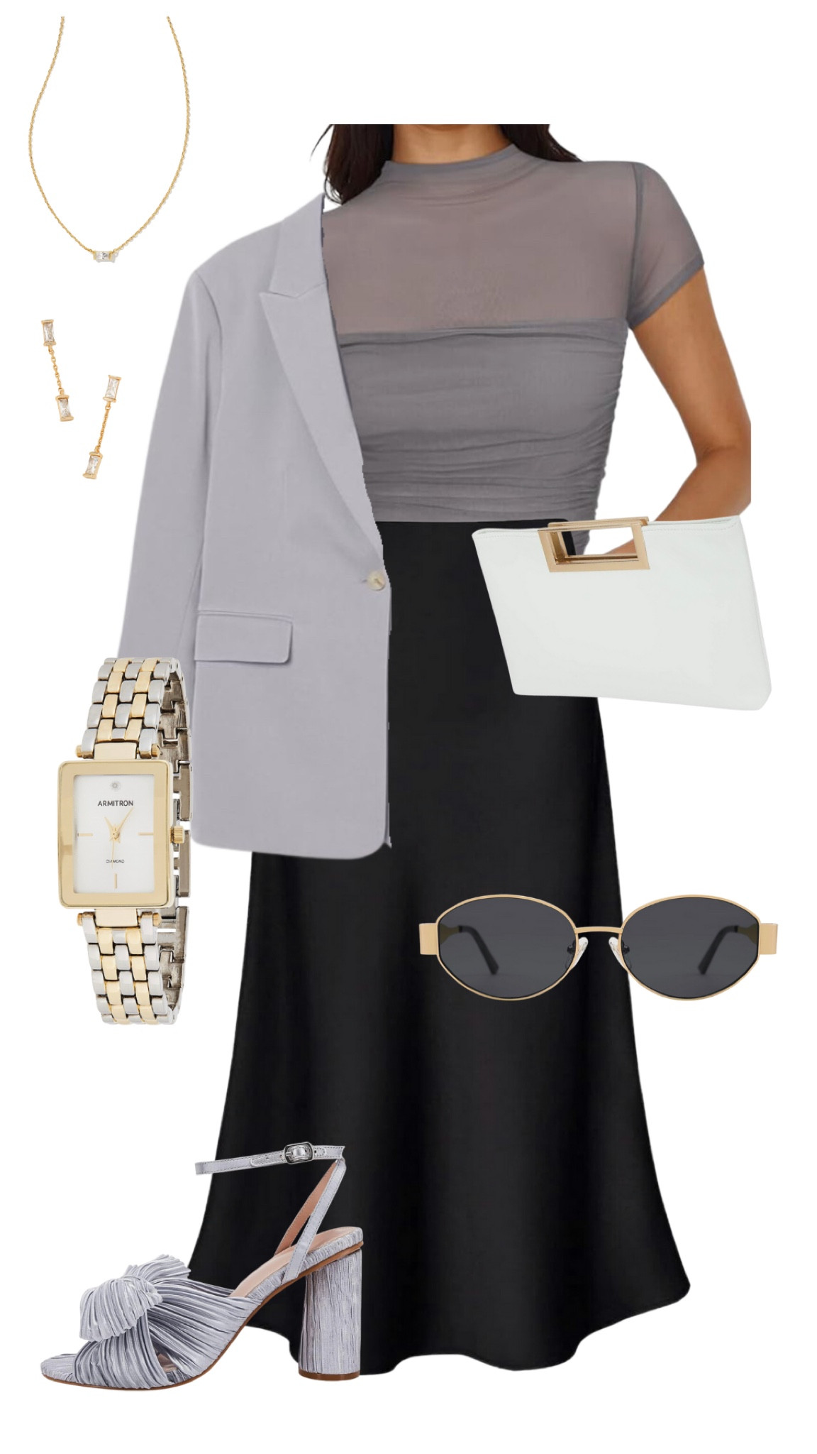 Dinner outfit, date night outfit, mesh bodysuit, amazon fashion finds, amazon accessories, amazon watch, mixed metal jewelry, retro sunglasses, amazon sunglasses, amazon clutch, amazon bodysuit, grey bodysuit, grey blazer, oversized blazer, grey bow shoes, bow shoes, bridesmaid outfit, Kendra Scott jewelry, spring fashion, spring date night, black midi skirt, satin midi skirt, satin skirt outfit

#LTKfindsunder50 #LTKfindsunder100 #LTKworkwear