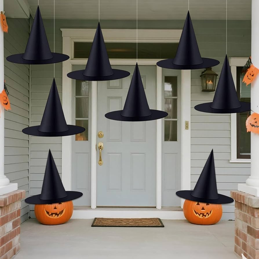 ZeeDix 8Pcs Halloween Witch Hats, Black HangingWitches Hat with 98 Ft Hanging Rope, Halloween Cos... | Amazon (US)